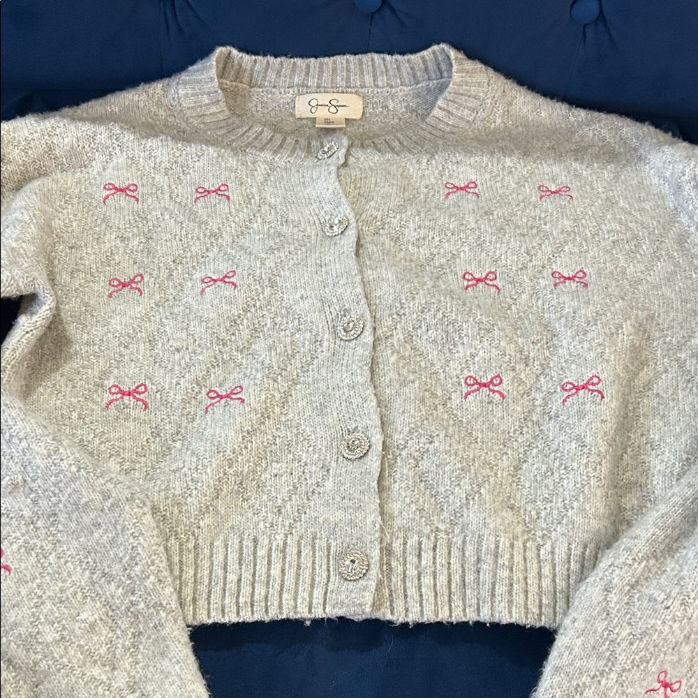 🎀🎀🎀Jessica Simpson Gray Cardigan with Pink Bow Details